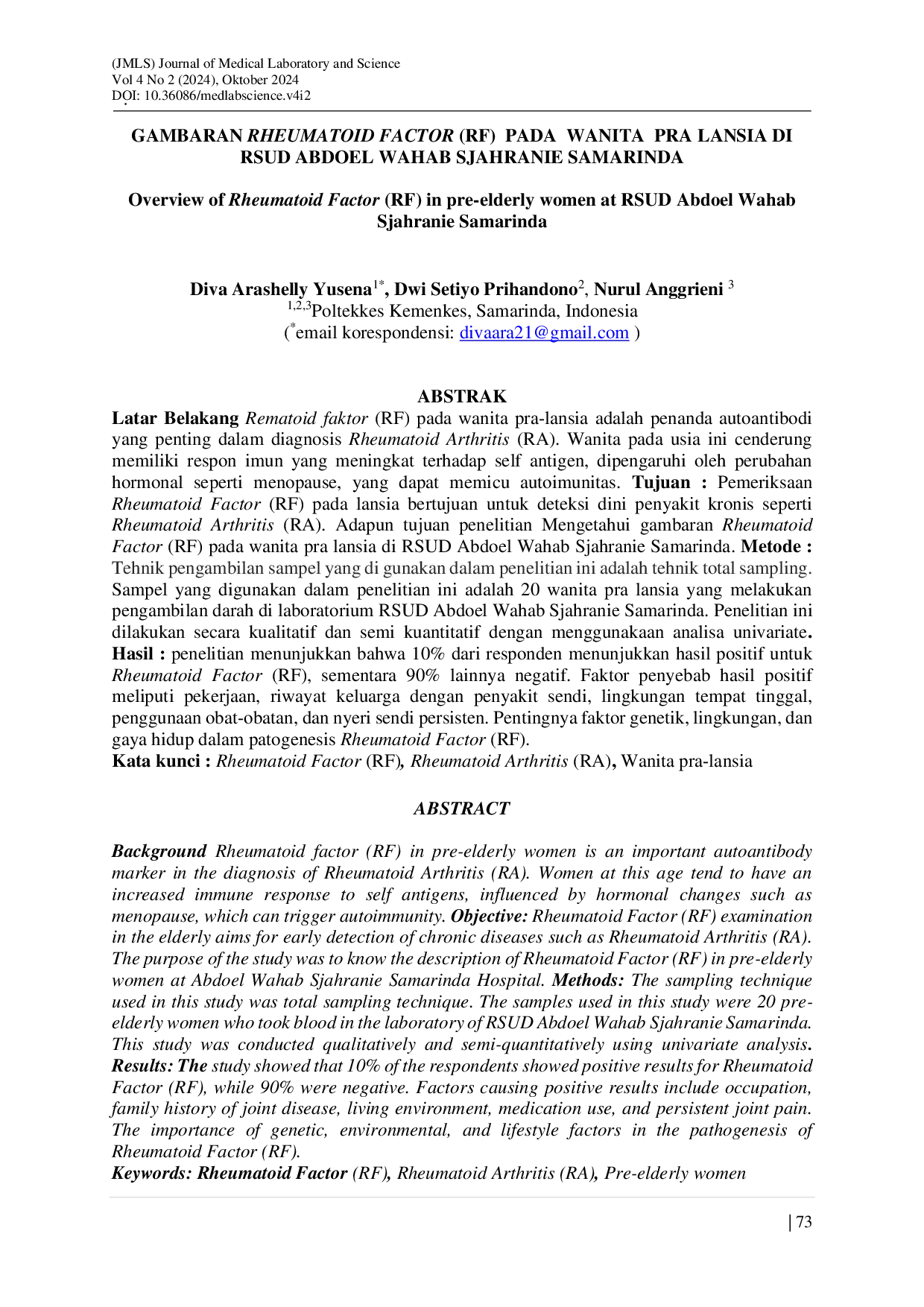 JURIS Gambaran Rheumatoid Factor Rf Pada Wanita Pra Lansia Di Rsud Abdoel Wahab Sjahranie Samarinda