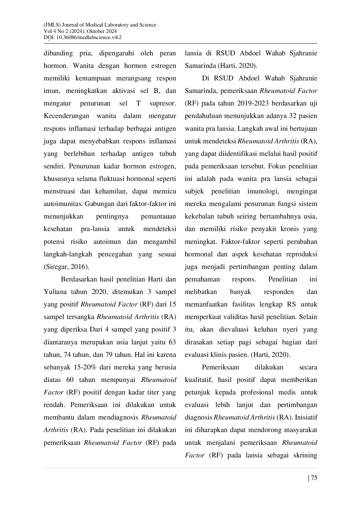 JURIS Gambaran Rheumatoid Factor Rf Pada Wanita Pra Lansia Di Rsud Abdoel Wahab Sjahranie Samarinda