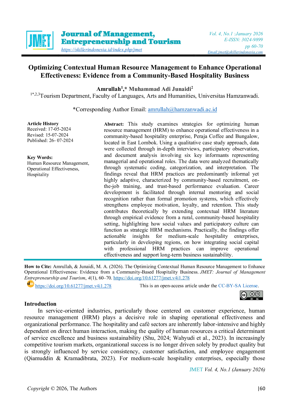 JURIS The Optimizing Contextual Human Resource Management to Enhance Operational Effectiveness Evidence from a Community Based Hospitality Business