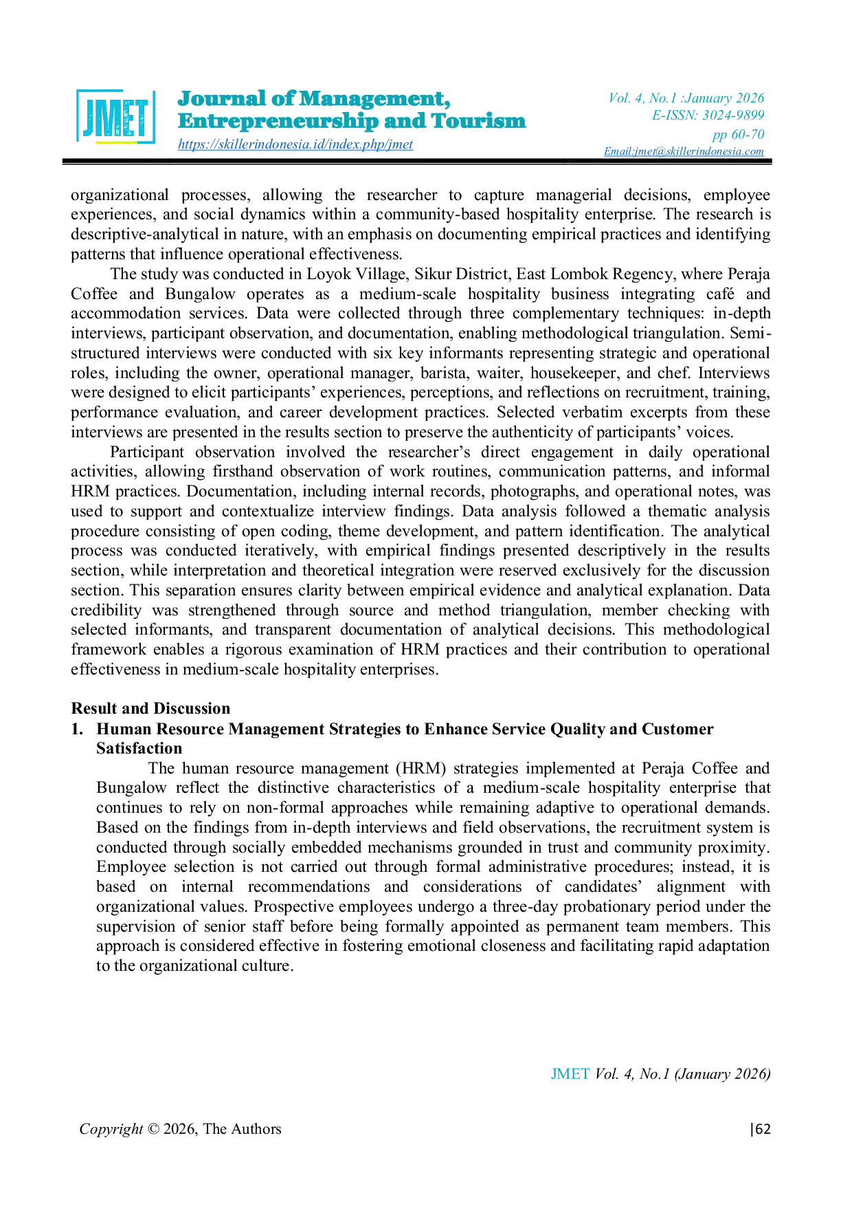 JURIS The Optimizing Contextual Human Resource Management to Enhance Operational Effectiveness Evidence from a Community Based Hospitality Business