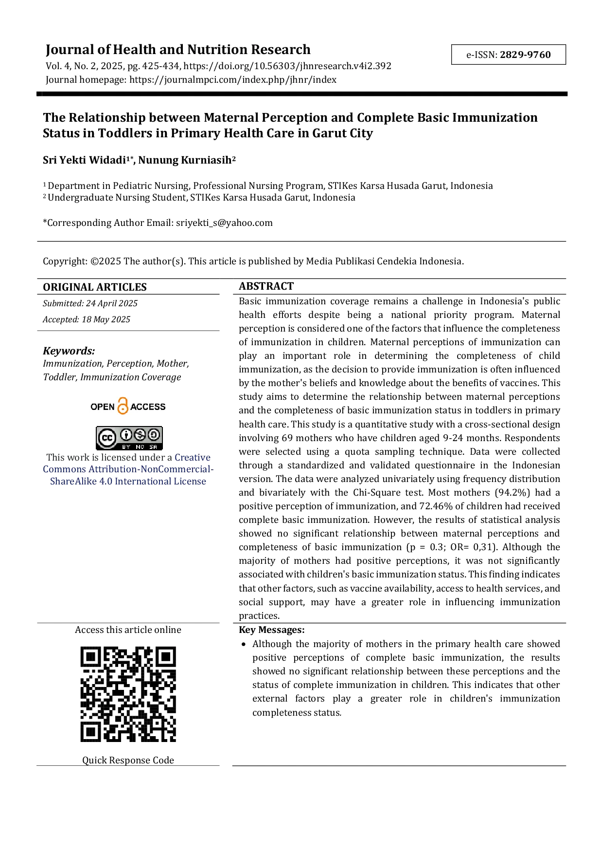 JURIS The Relationship between Maternal Perception and Complete Basic Immunization Status in Toddlers in Primary Health Care in Garut City