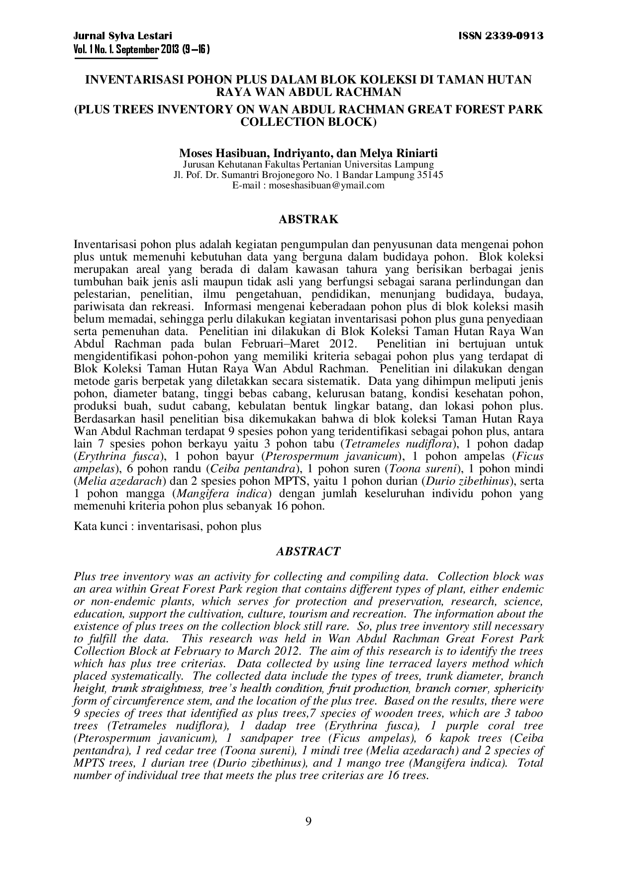 juris Inventarisasi Pohon Plus Dalam Blok Koleksi Di Taman Hutan Raya Wan Abdul Rachman