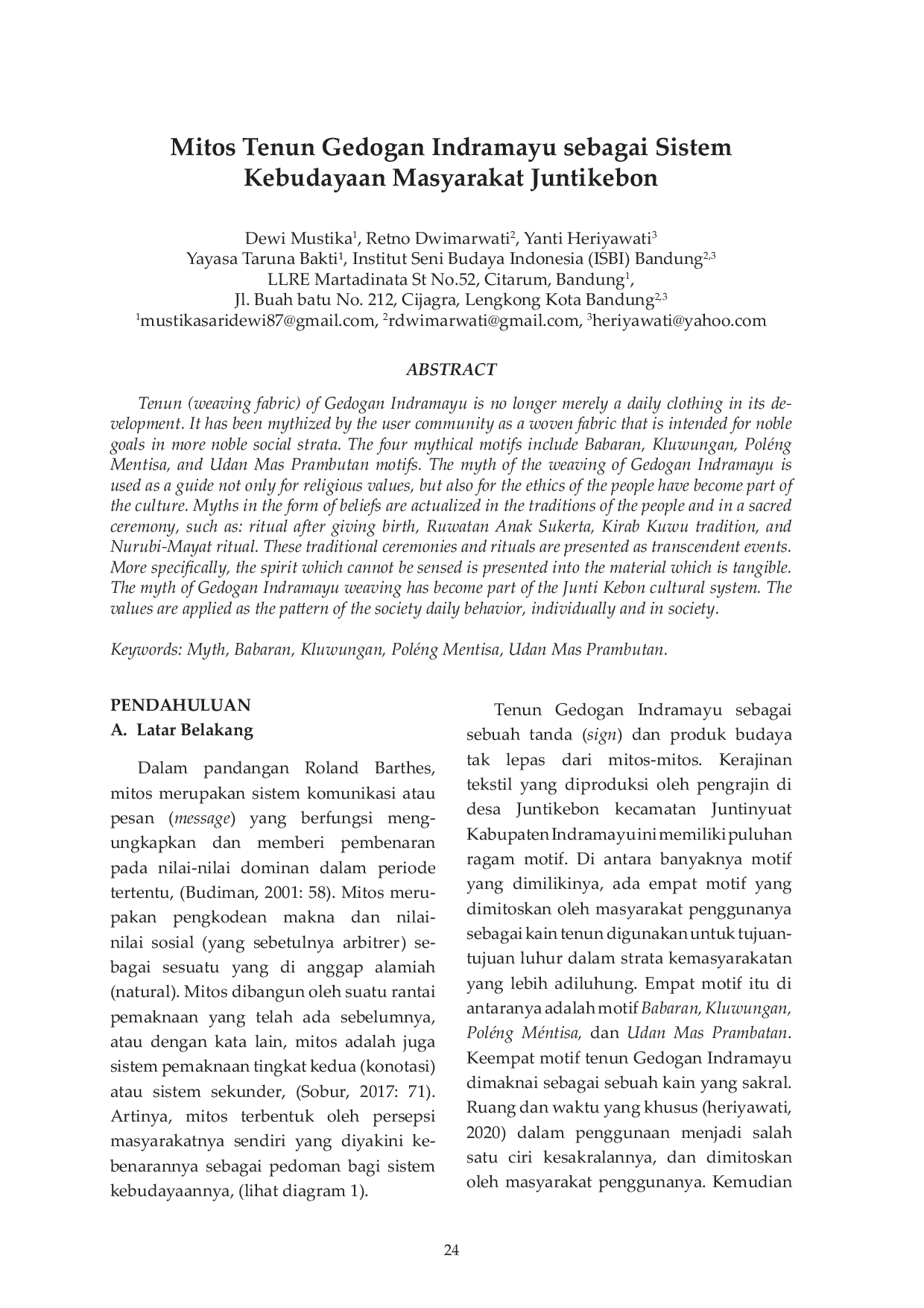 JURIS Mitos Tenun Gedogan Indramayu sebagai Sistem Kebudayaan Masyarakat Juntikebon