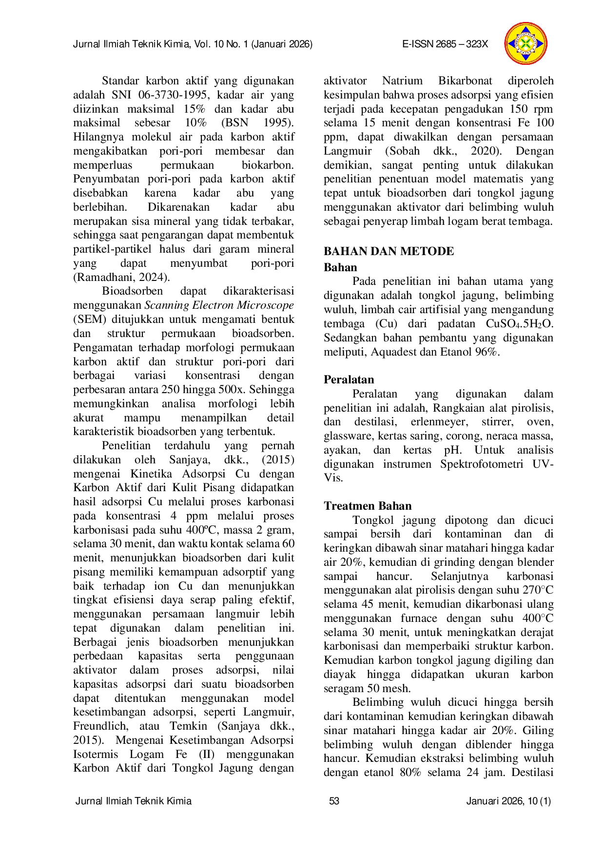 JURIS Model Matematis Bioadsorben dari Tongkol Jagung Termodifikasi Belimbing Wuluh sebagai Pengolahan Limbah Logam Cu Artifisial