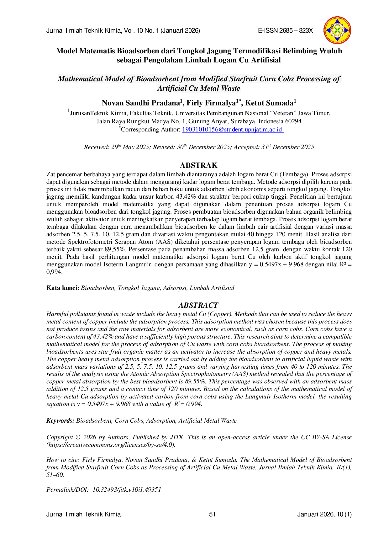 JURIS Model Matematis Bioadsorben dari Tongkol Jagung Termodifikasi Belimbing Wuluh sebagai Pengolahan Limbah Logam Cu Artifisial