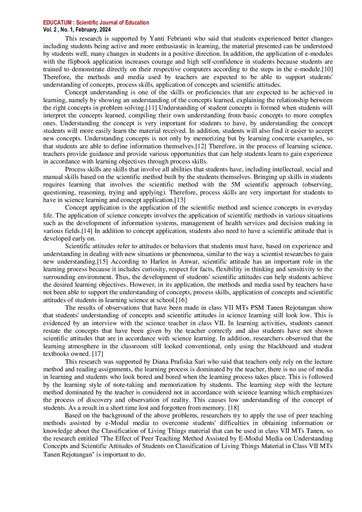 JURIS The Effect of Peer Teaching Method Assisted by E Module Media on Students Concept Understanding and Scientific Attitude