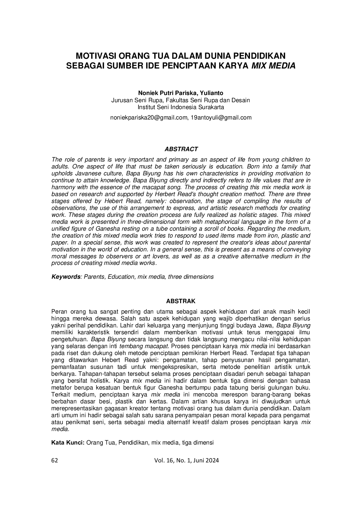 JURIS Motivasi Orang Tua Dalam Dunia Pendidikan Sebagai Sumber Ide Penciptaan Karya Mix Media