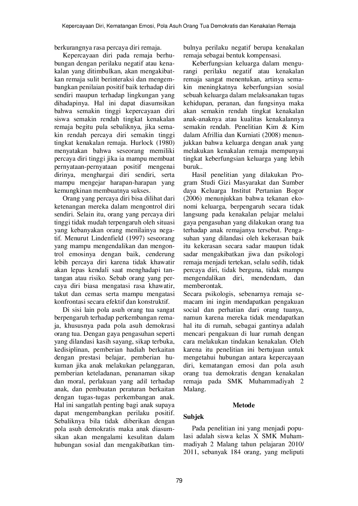 JURIS Kepercayaan Diri Kematangan Emosi Pola Asuh Orang Tua Demokratis dan Kenakalan Remaja