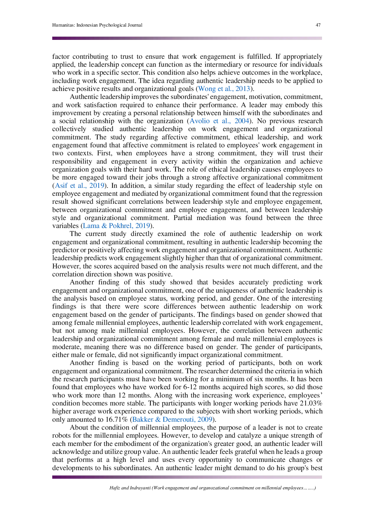 JURIS Work engagement and organizational commitment on millennial employees in terms of authentic leadership perception