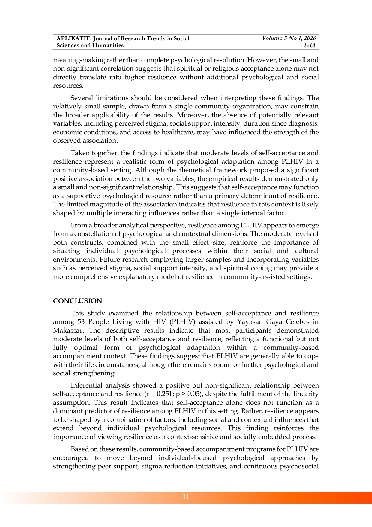 JURIS Self Acceptance and Resilience among People Living with HIV in a Community Based Setting in Makassar