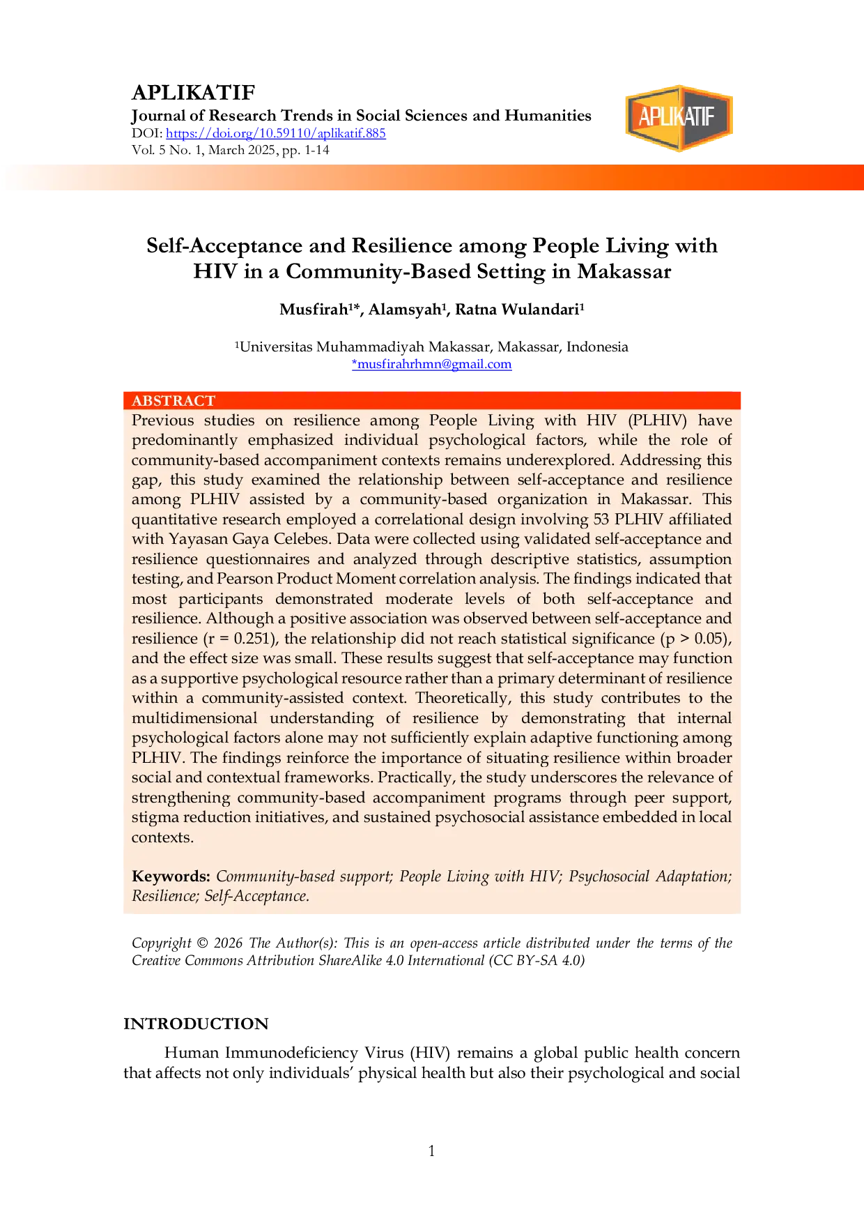 JURIS Self Acceptance and Resilience among People Living with HIV in a Community Based Setting in Makassar
