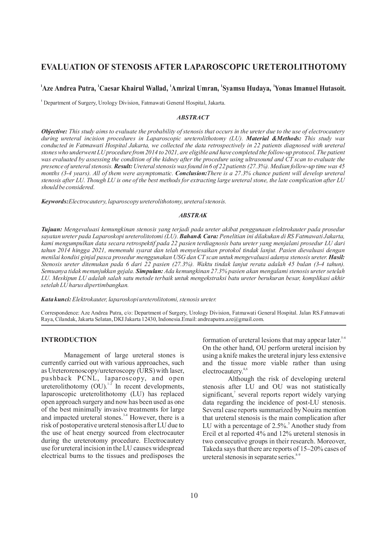 JURIS Evaluation Of Stenosis After Laparoscopic Ureterolithotomy