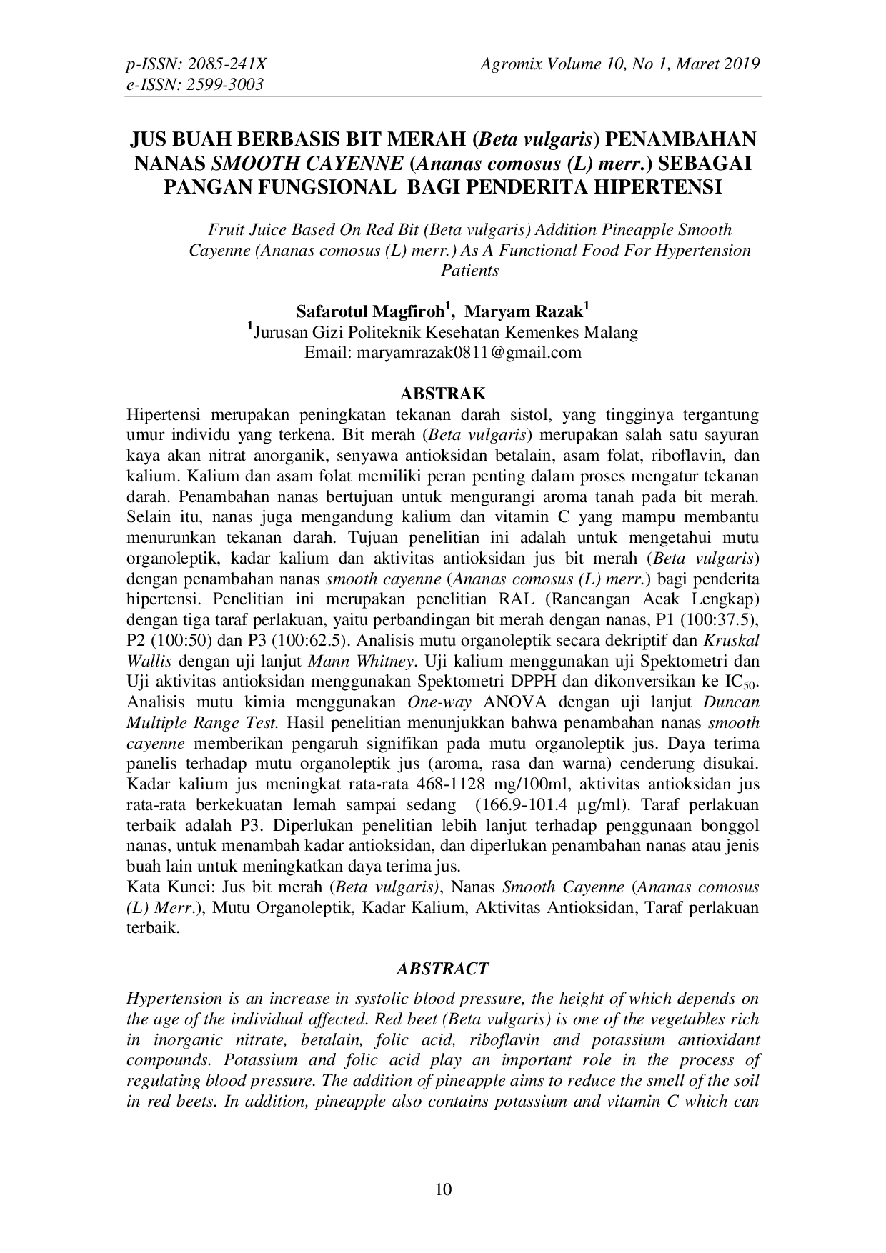 JURIS JUS BUAH BERBASIS BIT MERAH Beta vulgaris PENAMBAHAN NANAS SMOOTH CAYENNE Ananas comosus L merr SEBAGAI PANGAN FUNGSIONAL BAGI PENDERITA HIPERTENSI