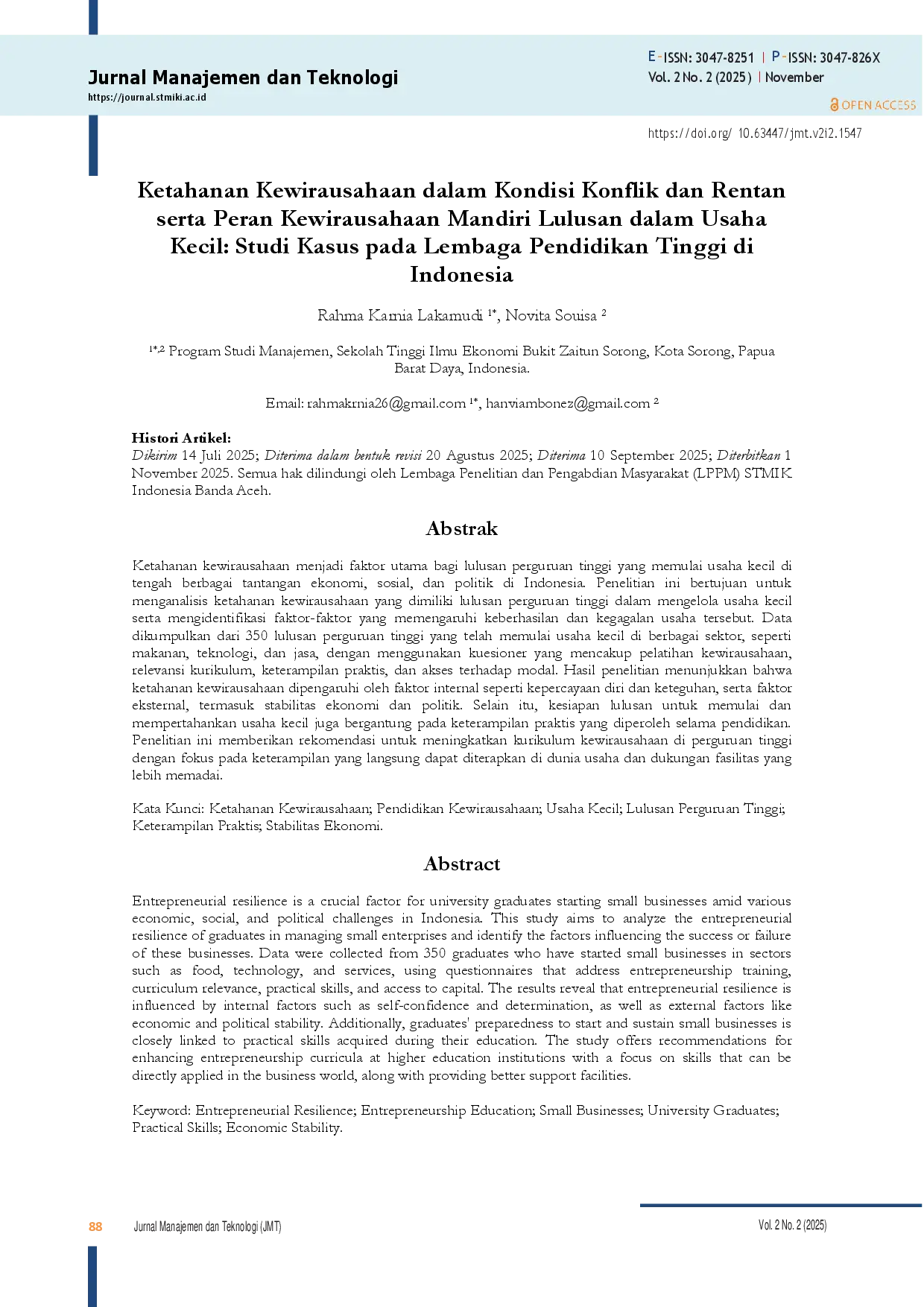 juris Ketahanan Kewirausahaan dalam Kondisi Konflik dan Rentan serta Peran Kewirausahaan Mandiri Lulusan dalam Usaha Kecil Studi Kasus pada Lembaga Pendidikan Tinggi di Indonesia