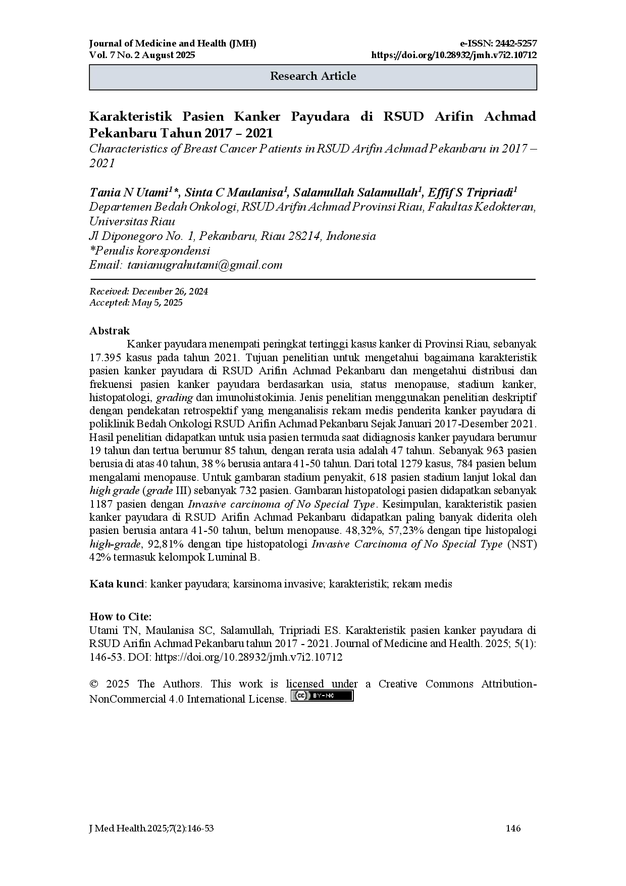 juris Characteristics Of Breast Cancer Patients In RSUD Arifin Achmad Pekanbaru In 2017 2021