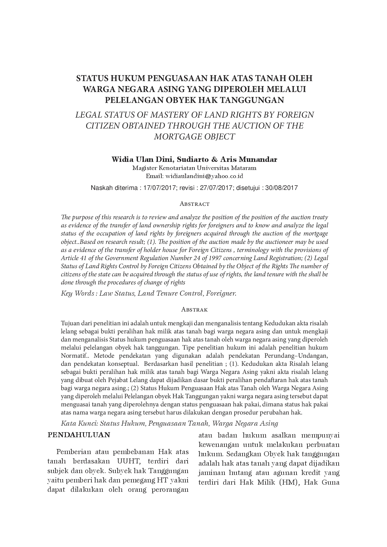 juris Status Hukum Penguasaan Hak Atas Tanah Oleh Warga Negara Asing Yang Diperoleh Melalui Pelelangan Obyek Hak Tanggungan
