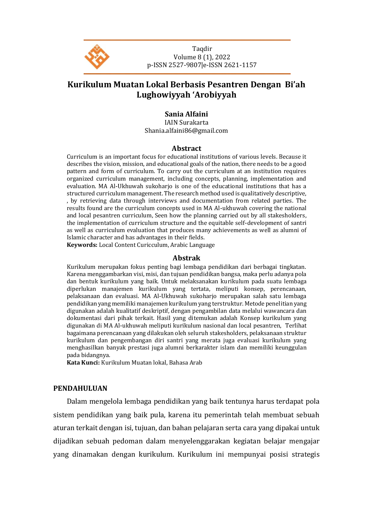 JURIS Kurikulum Muatan Lokal Berbasis Pesantren Dengan B ah Luowiyyah Arabiyyah