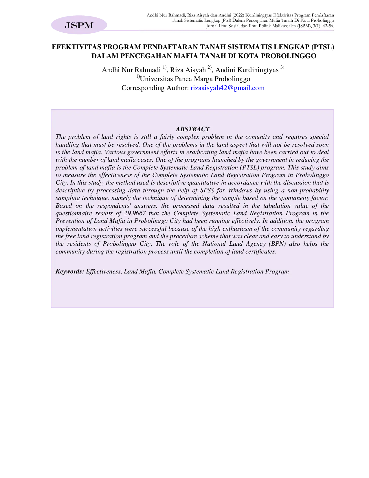 JURIS Efektivitas Program Pendaftaran Tanah Sistematis Lengkap PTSL Dalam Pencegahan Mafia Tanah di Kota Probolinggo