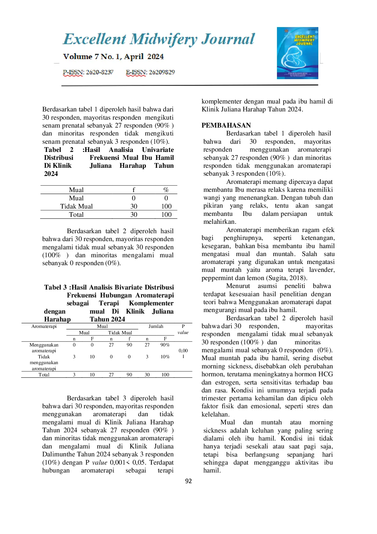 JURIS Hubungan Aromaterapi Sebagai Terapi Komplementer Dengan Pengurangan Mual Pada Ibu Hamil Di Klinik Juliana Harahap Tahun 2024