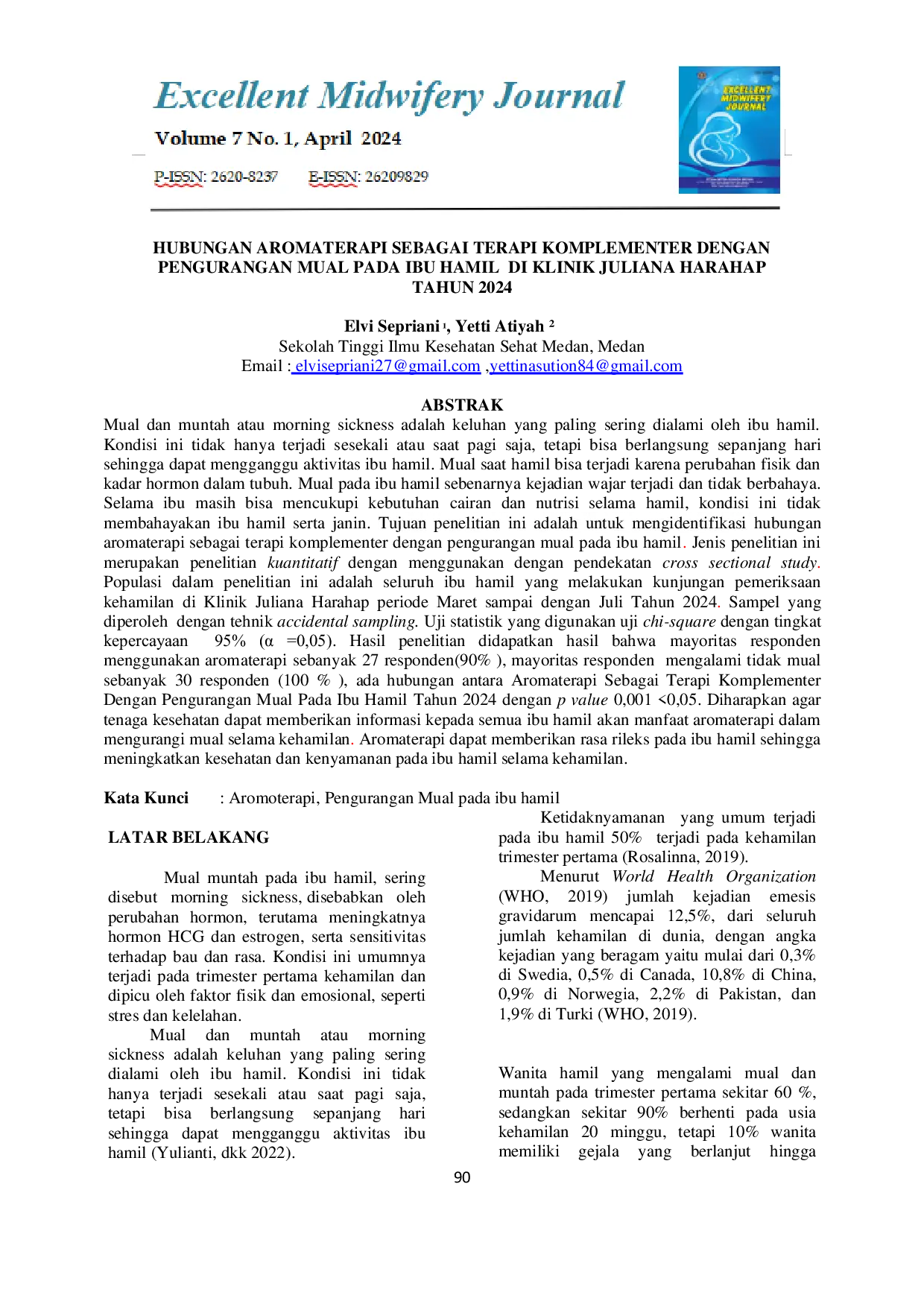 JURIS Hubungan Aromaterapi Sebagai Terapi Komplementer Dengan Pengurangan Mual Pada Ibu Hamil Di Klinik Juliana Harahap Tahun 2024