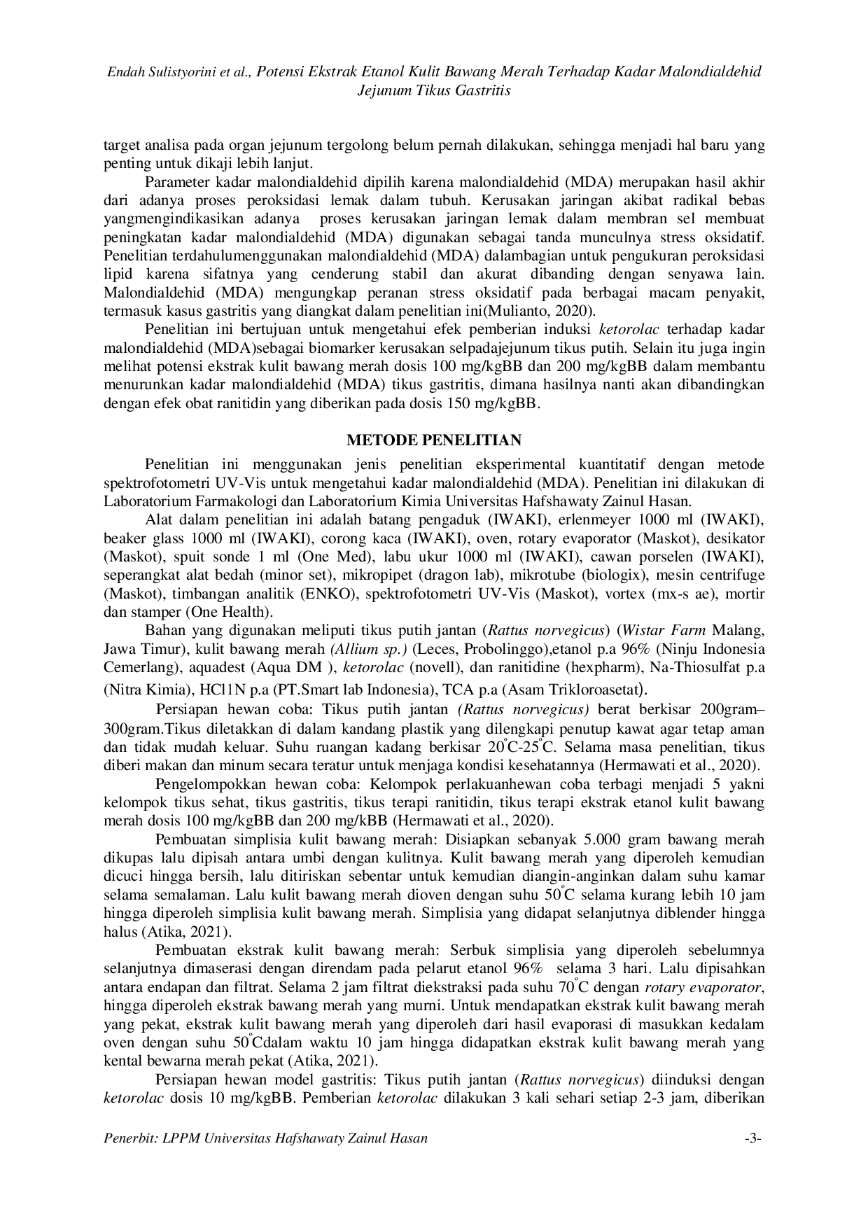 JURIS Potensi Ekstrak Etanol Kulit Bawang Merah terhadap Kadar Malondialdehid Jejunum Tikus Gastritis