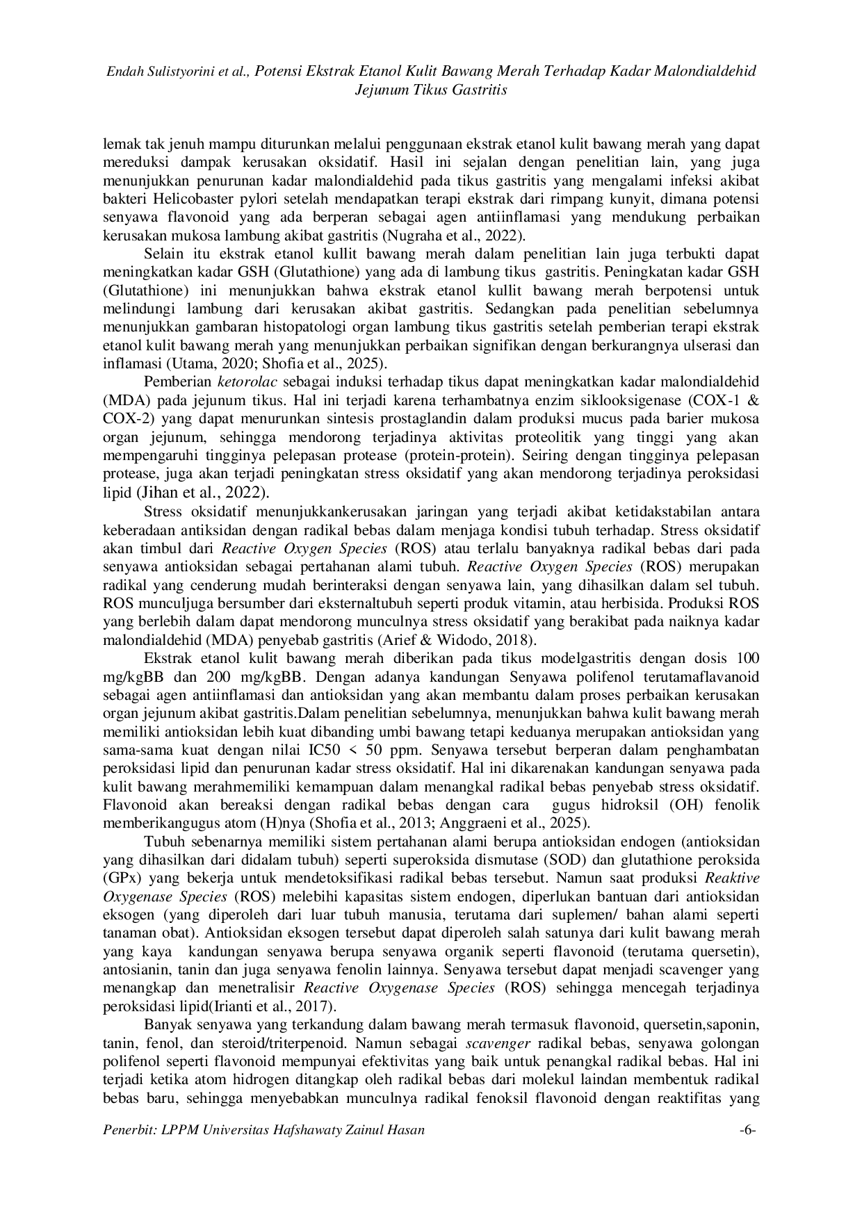 JURIS Potensi Ekstrak Etanol Kulit Bawang Merah terhadap Kadar Malondialdehid Jejunum Tikus Gastritis