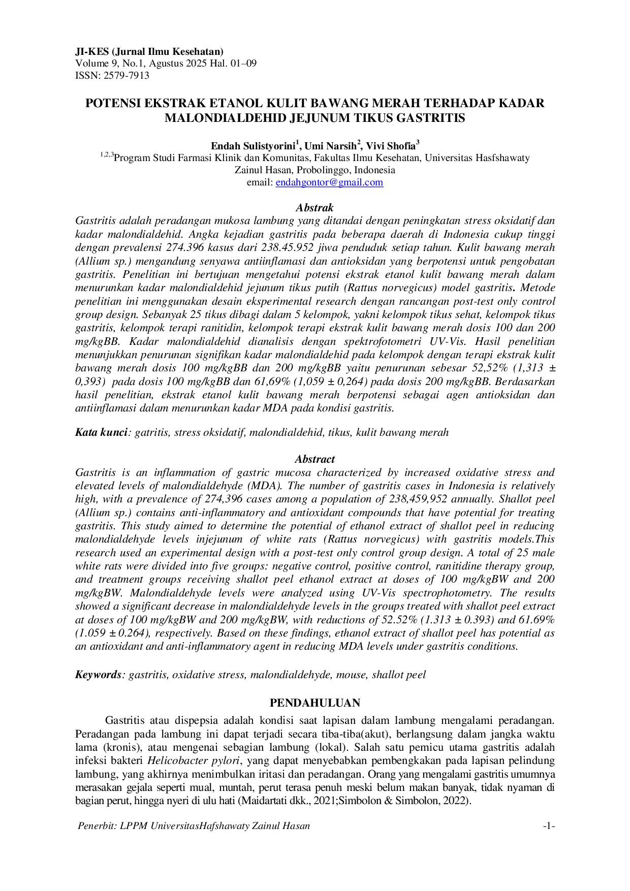 JURIS Potensi Ekstrak Etanol Kulit Bawang Merah terhadap Kadar Malondialdehid Jejunum Tikus Gastritis