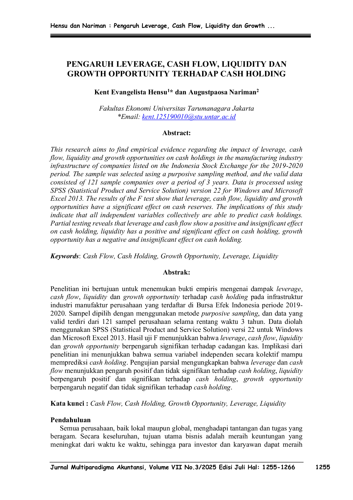 JURIS Pengaruh Leverage Cash Flow Liquidity Dan Growth Opportunity Terhadap Cash Holding