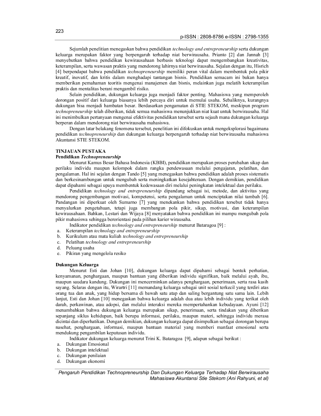 JURIS Pengaruh Pendidikan Technopreneurship dan Dukungan Keluarga terhadap Niat Berwirausaha Mahasiswa Akuntansi STIE STEKOM Kartasura