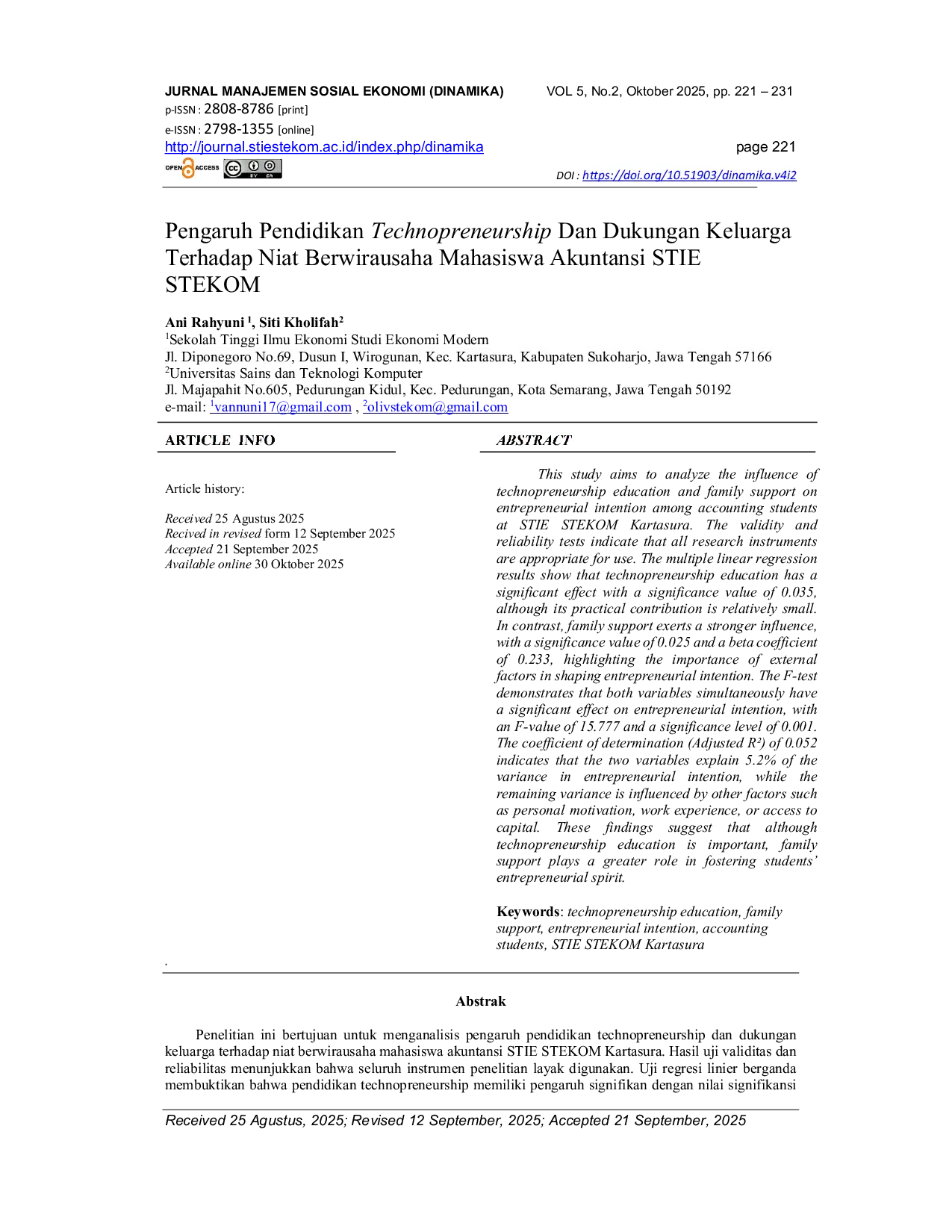 JURIS Pengaruh Pendidikan Technopreneurship dan Dukungan Keluarga terhadap Niat Berwirausaha Mahasiswa Akuntansi STIE STEKOM Kartasura