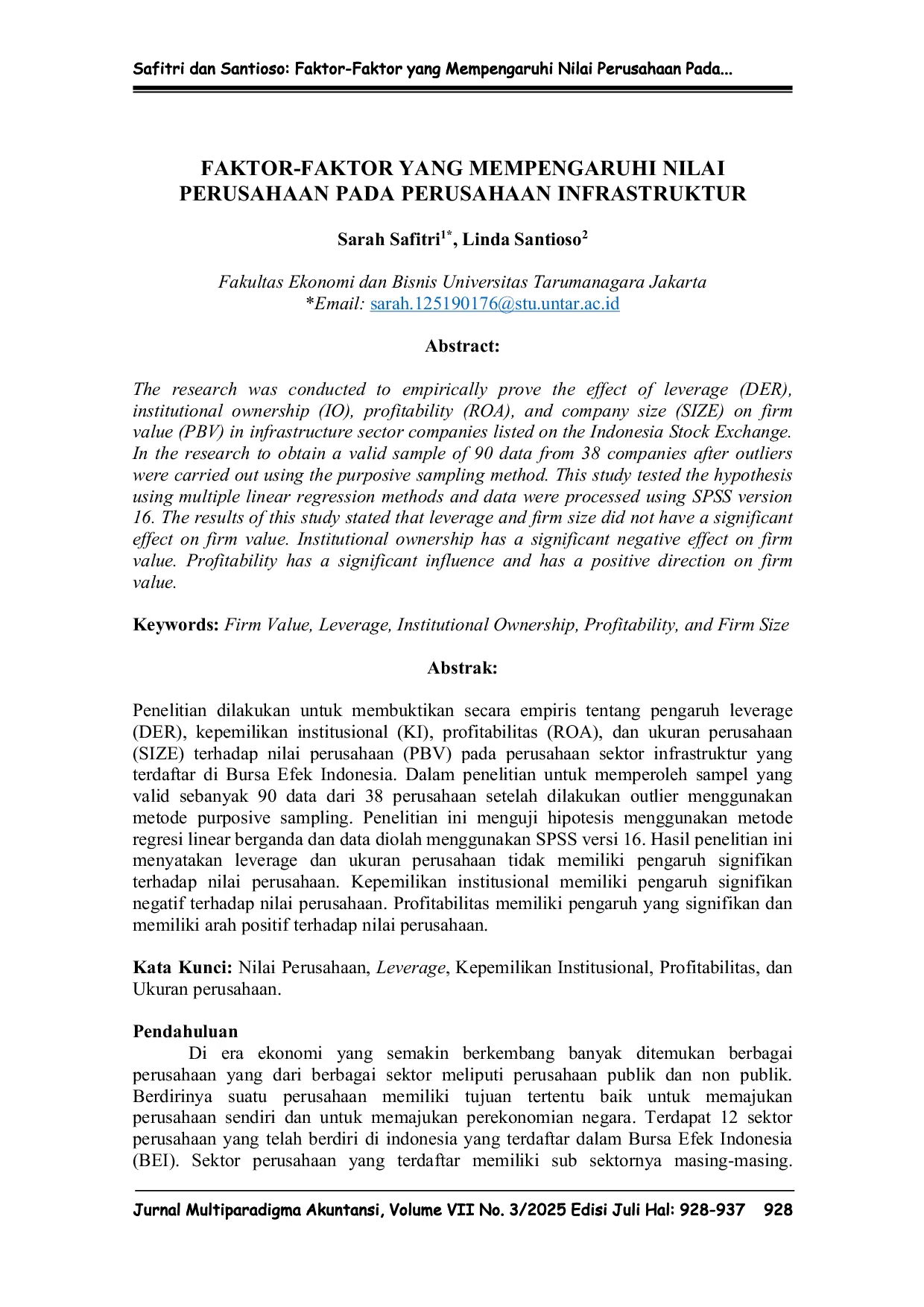 JURIS Faktor Faktor Yang Mempengaruhi Nilai Perusahaan Pada Perusahaan Infrastruktur