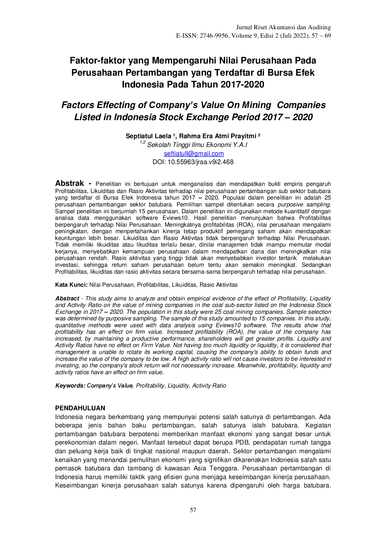 juris Faktor Faktor yang Mempengaruhi Nilai Perusahaan Pada Perusahaan Pertambangan yang Terdaftar di Bursa Efek Indonesia Pada Tahun 2017 2020