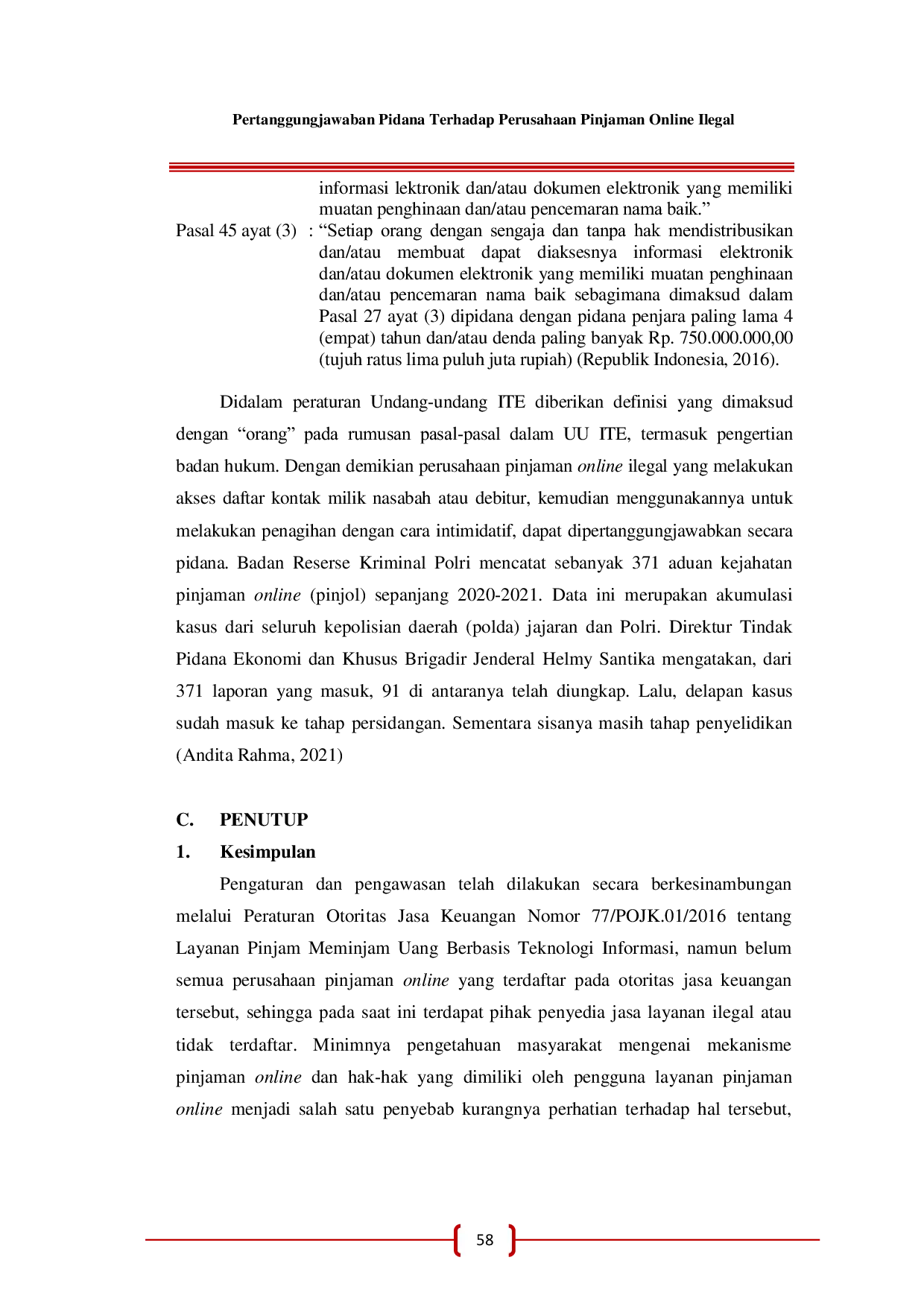 JURIS Pertanggungjawaban Pidana Terhadap Perusahaan Pinjaman Online Ilegal