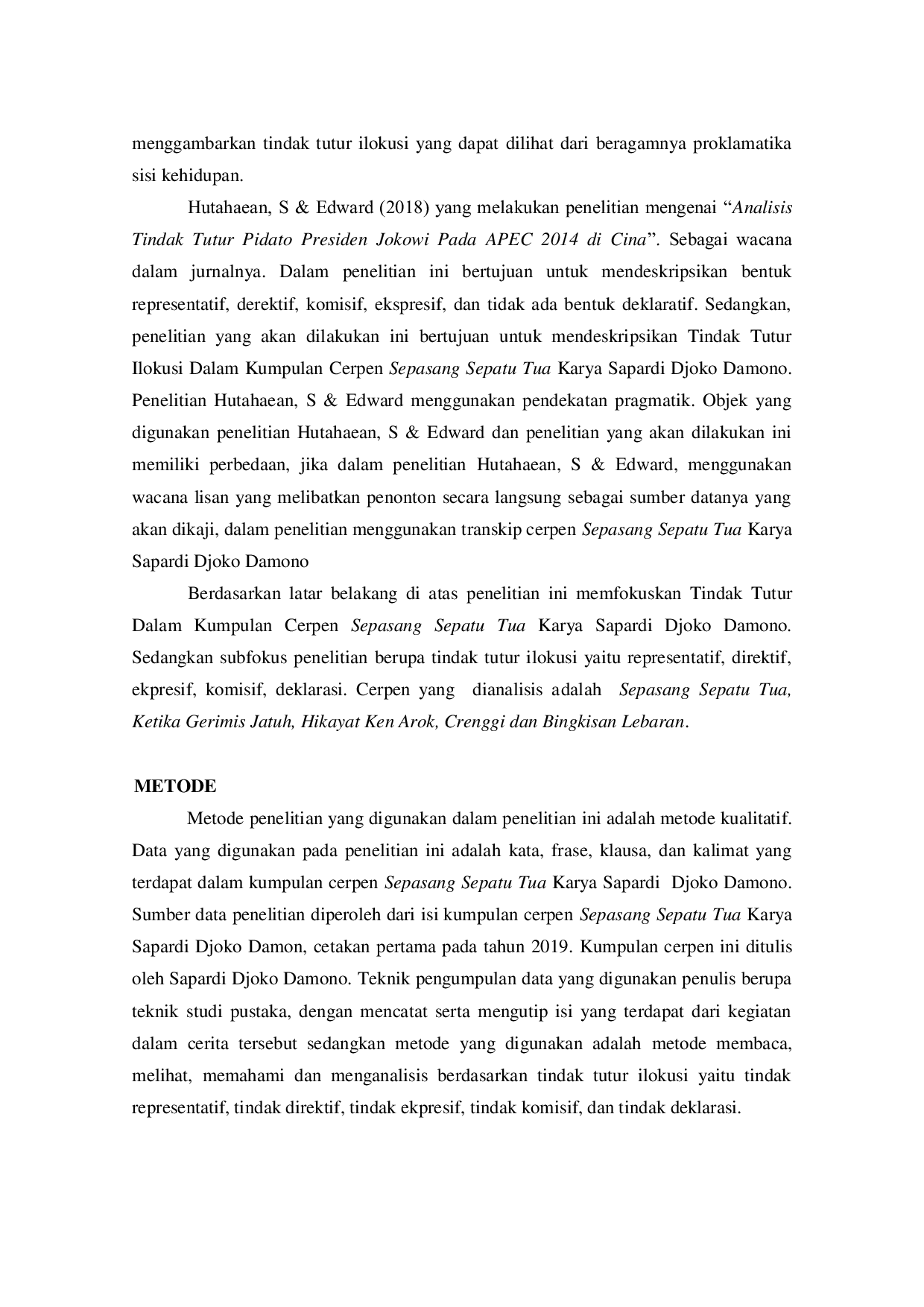 JURIS Analisis Tindak Tutur Ilokusi dalam Kumpulan Cerpen Sepasang Sepatu Tua Karya Sapardi Djoko Damono