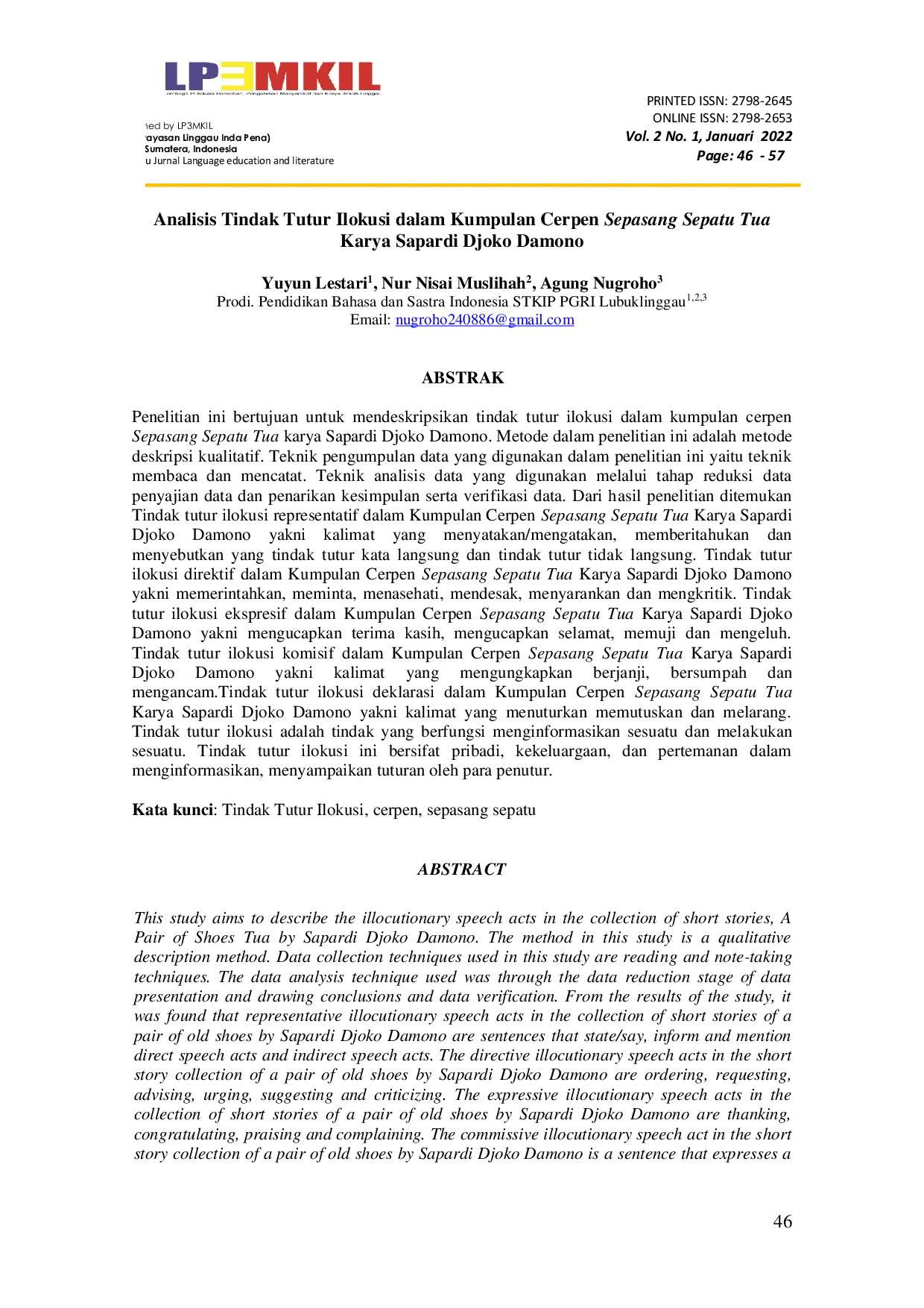 JURIS Analisis Tindak Tutur Ilokusi dalam Kumpulan Cerpen Sepasang Sepatu Tua Karya Sapardi Djoko Damono