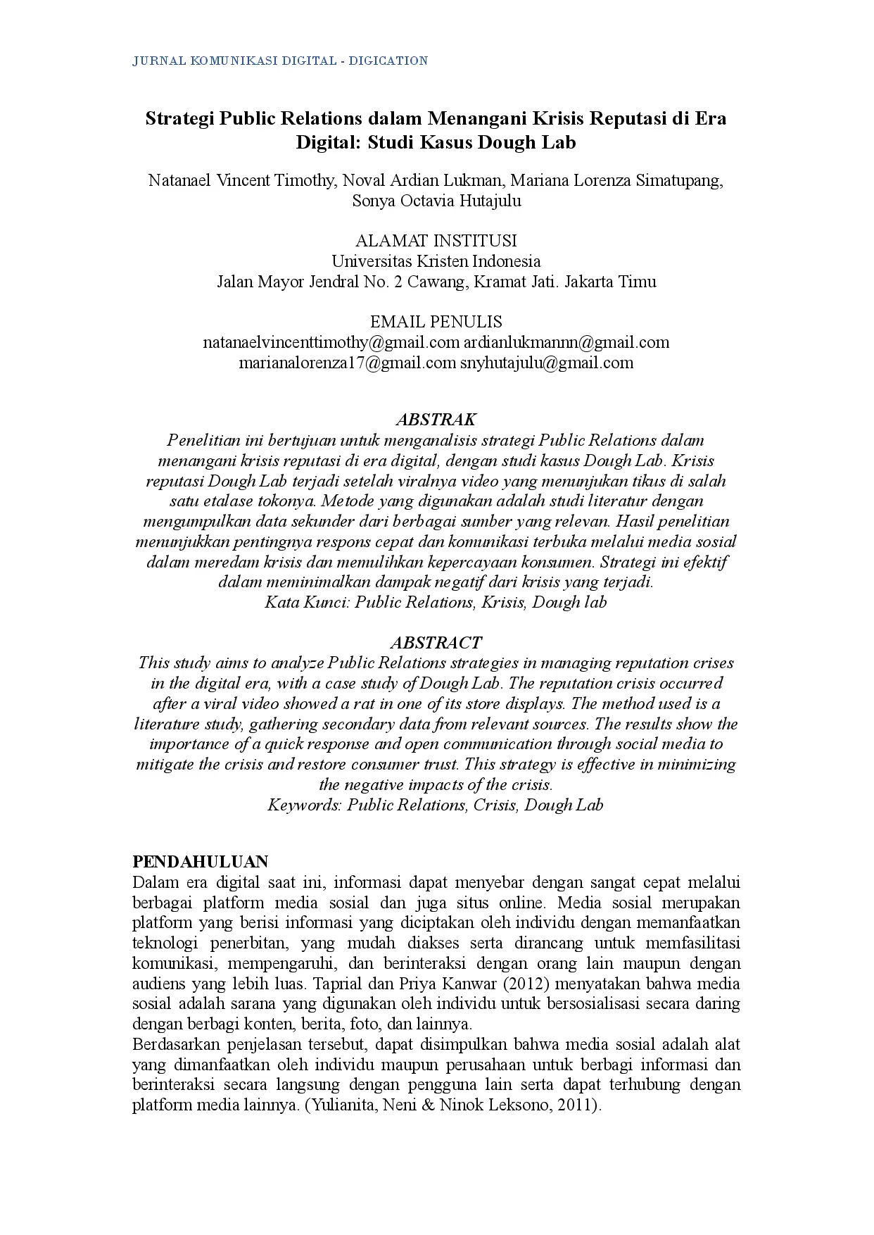 juris Strategi Public Relations dalam Menangani Krisis Reputasi di Era Digital Studi Kasus Dough Lab Studi Kasus Dough Lab