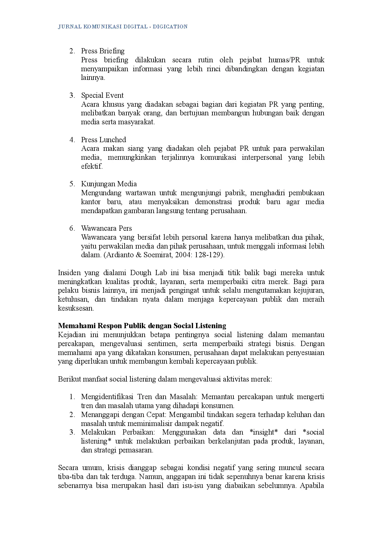 juris Strategi Public Relations dalam Menangani Krisis Reputasi di Era Digital Studi Kasus Dough Lab Studi Kasus Dough Lab