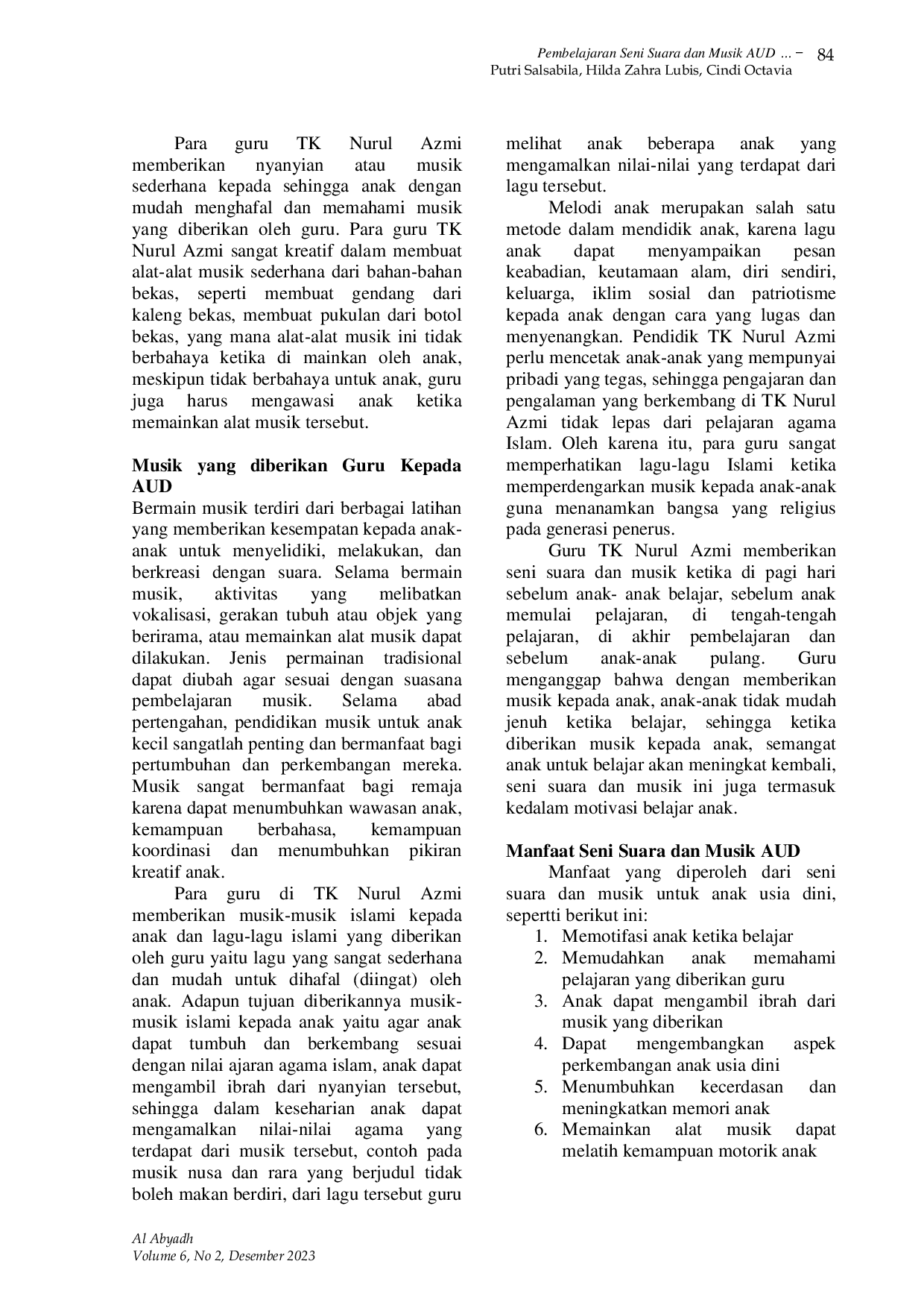 JURIS Pembelajaran Seni Suara dan Musik AUD di TK Nurul Azmi