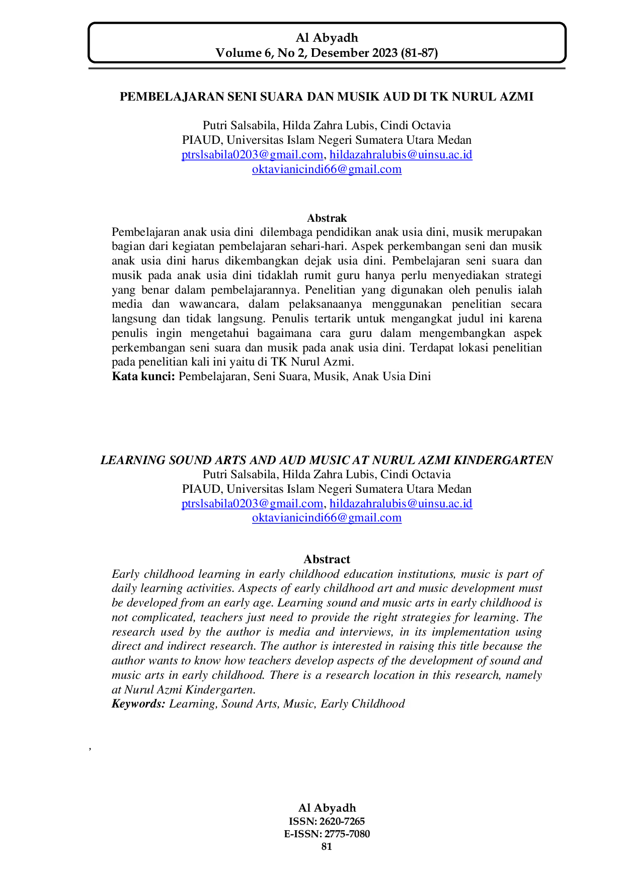 JURIS Pembelajaran Seni Suara dan Musik AUD di TK Nurul Azmi