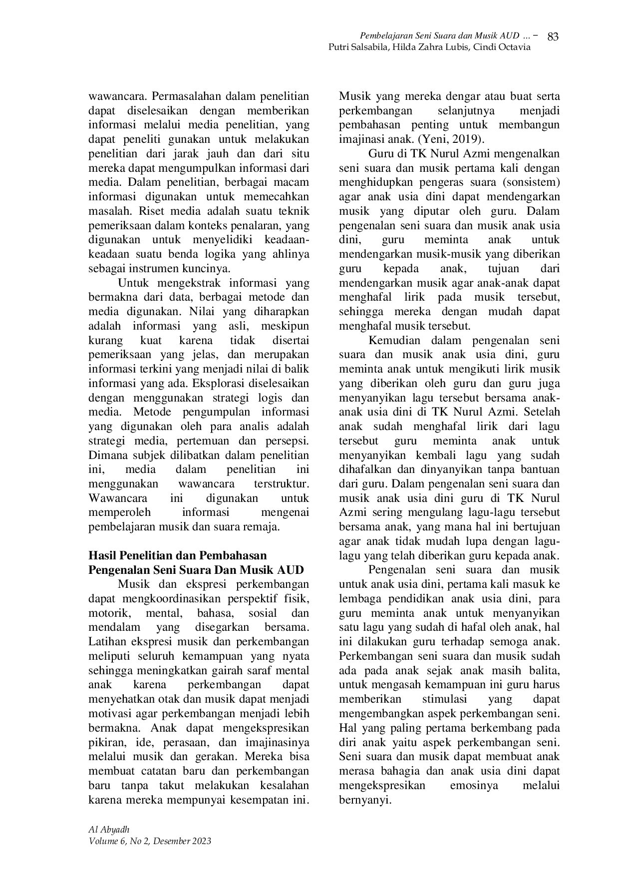 JURIS Pembelajaran Seni Suara dan Musik AUD di TK Nurul Azmi