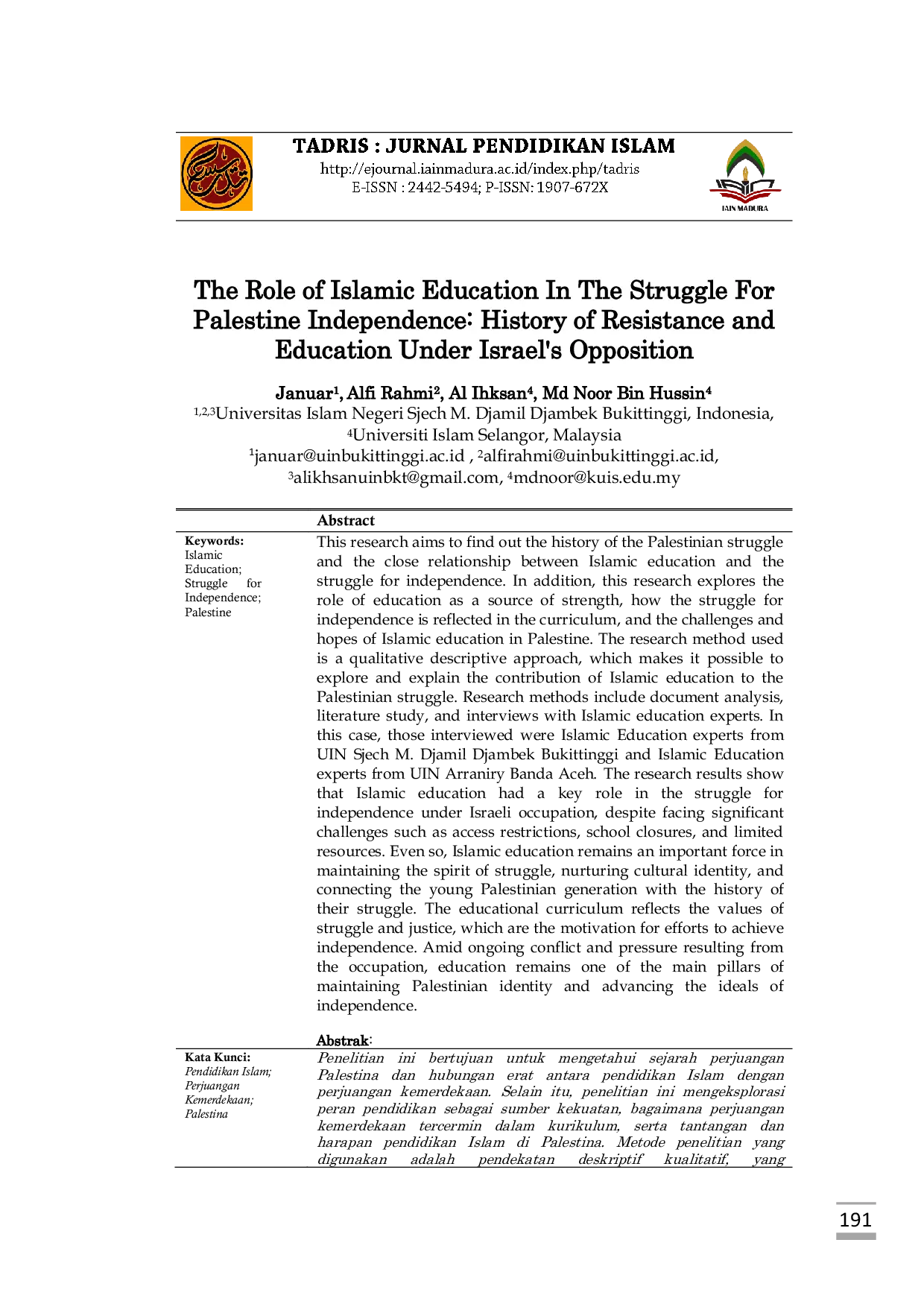 JURIS Peran Pendidikan Islam Dalam Perjuangan Kemerdekaan Palestina Sejarah Perlawanan dan Pendidikan di Bawah Oposisi Israel