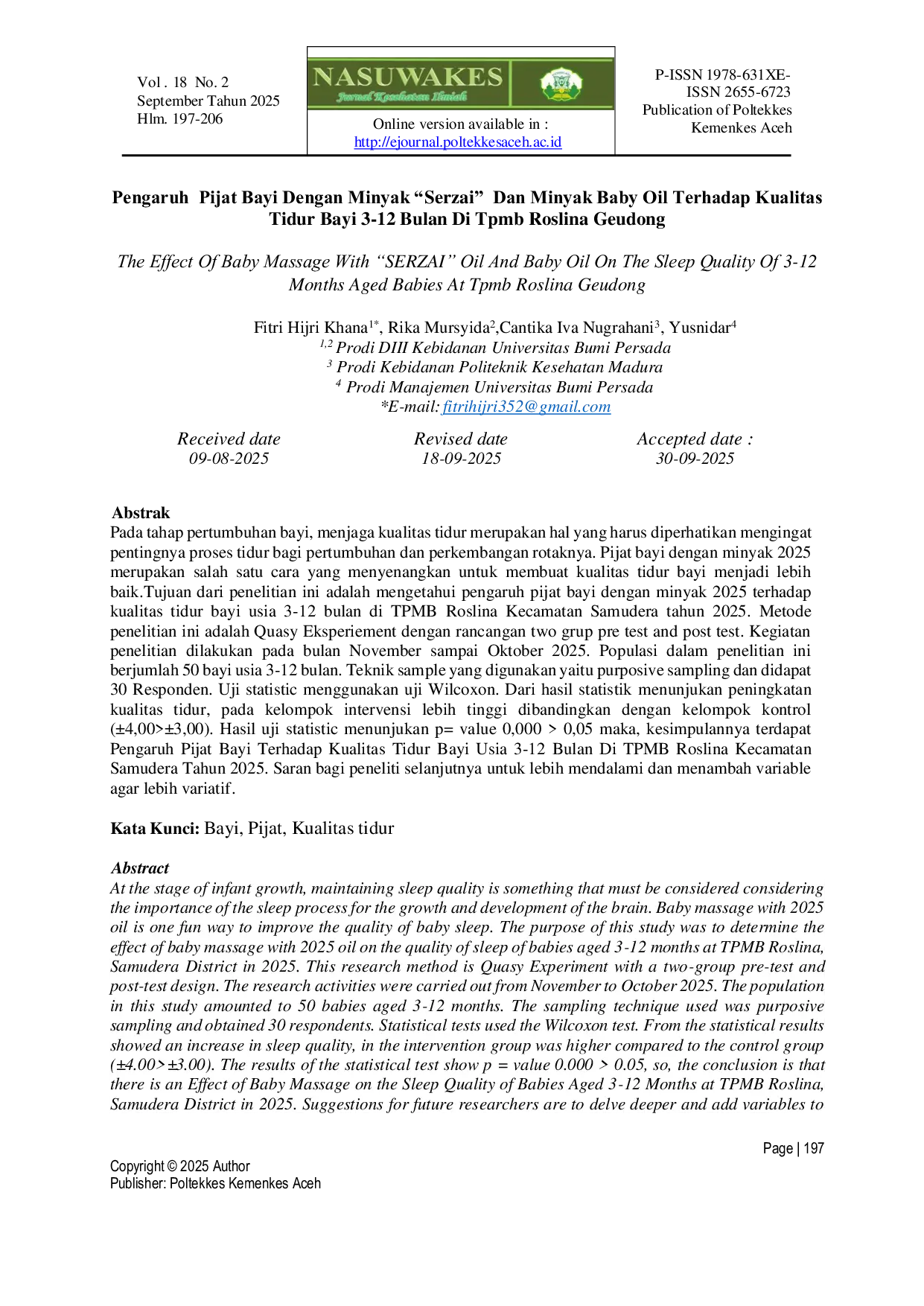 JURIS Pengaruh Pijat Bayi Dengan Minyak Serzai Dan Minyak Baby Oil Terhadap Kualitas Tidur Bayi 3 12 Bulan Di Tpmb Roslina Geudong
