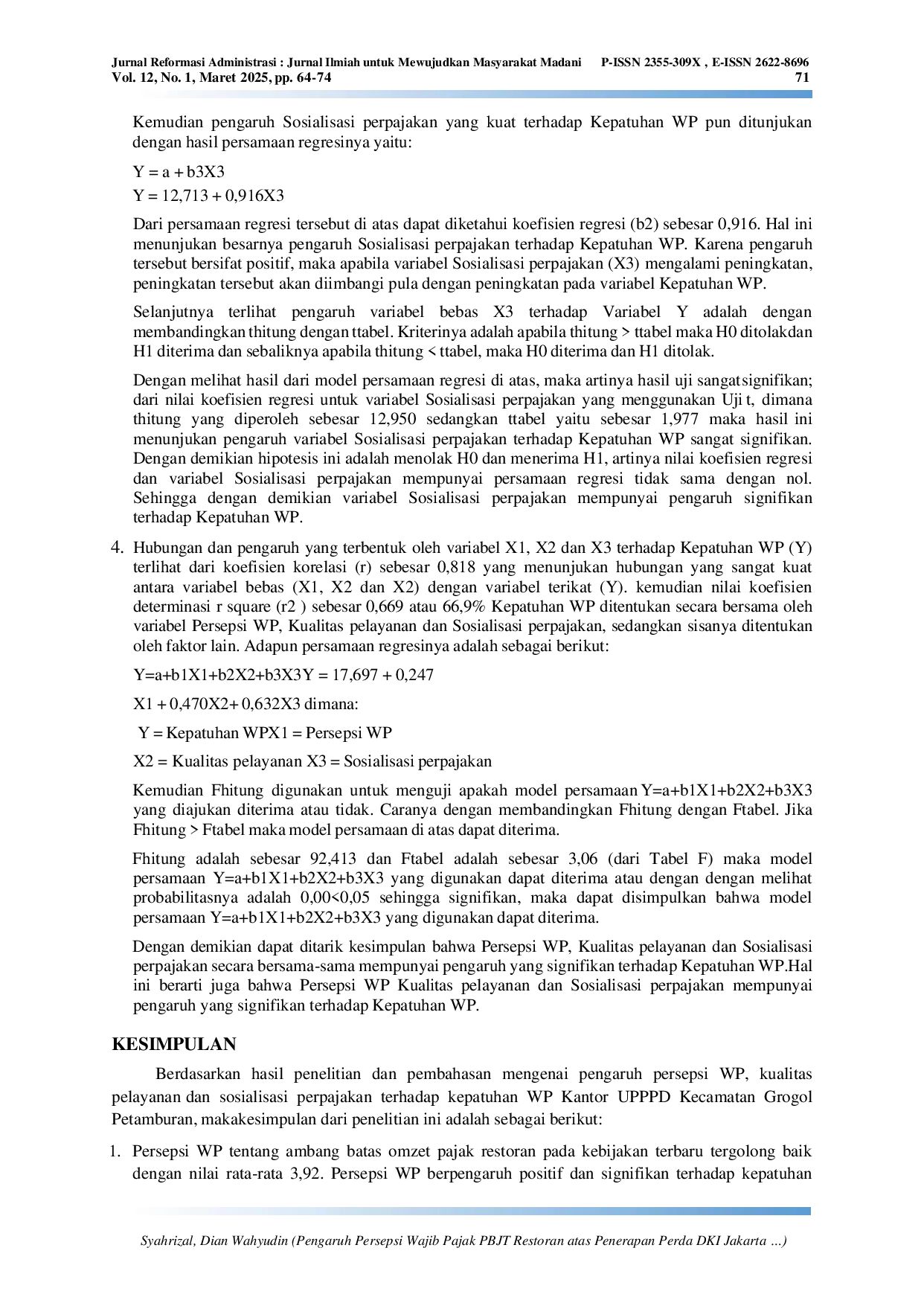 JURIS Pengaruh Persepsi Wajib Pajak PBJT Restoran atas Penerapan Perda DKI Jakarta Nomor 1 Tahun 2024 Pasal 45 2 Huruf A Kualitas Pelayanan dan Sosialisasi Perpajakan terhadap Kepatuhan Wajib Pajak PBJT