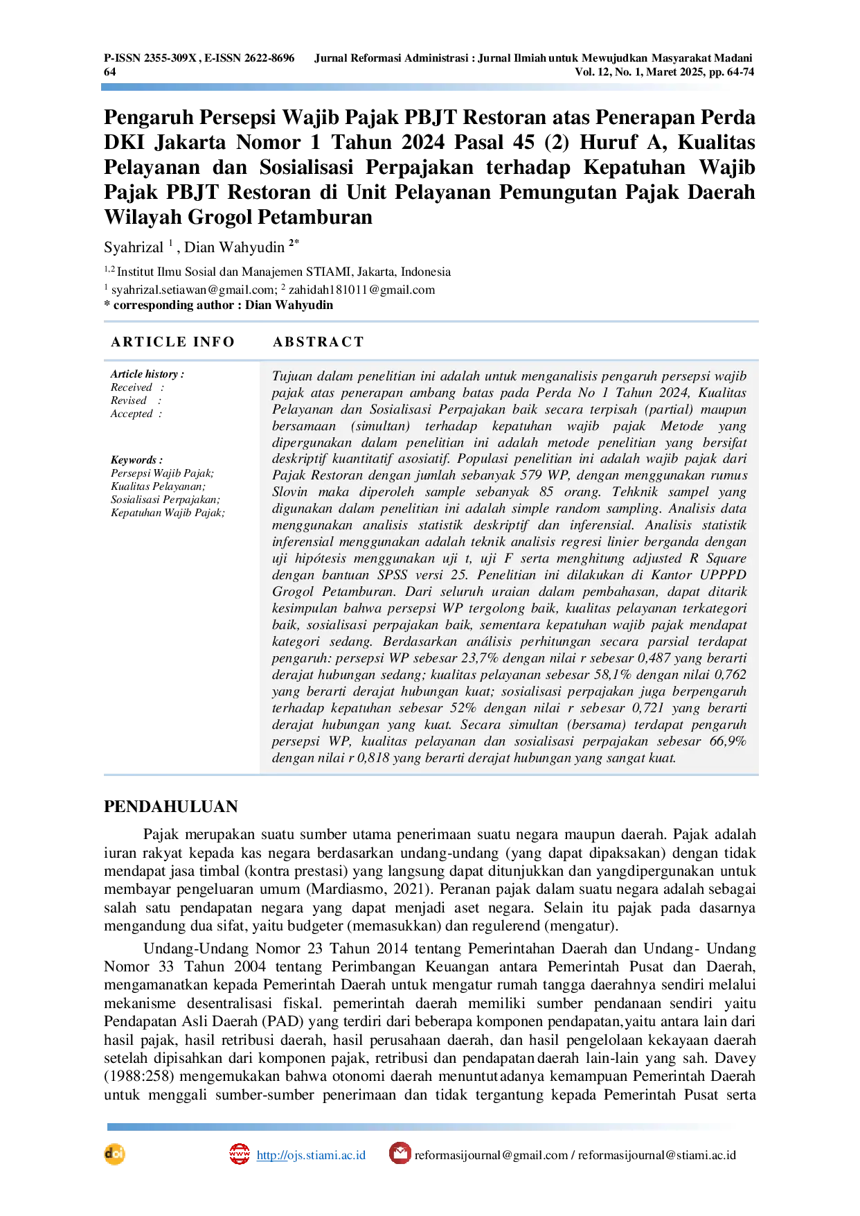 JURIS Pengaruh Persepsi Wajib Pajak PBJT Restoran atas Penerapan Perda DKI Jakarta Nomor 1 Tahun 2024 Pasal 45 2 Huruf A Kualitas Pelayanan dan Sosialisasi Perpajakan terhadap Kepatuhan Wajib Pajak PBJT
