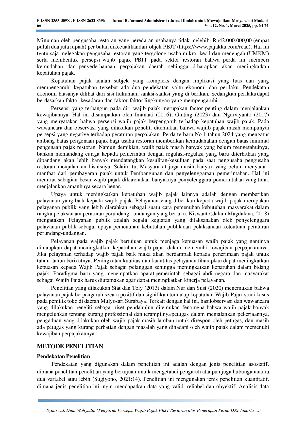 JURIS Pengaruh Persepsi Wajib Pajak PBJT Restoran atas Penerapan Perda DKI Jakarta Nomor 1 Tahun 2024 Pasal 45 2 Huruf A Kualitas Pelayanan dan Sosialisasi Perpajakan terhadap Kepatuhan Wajib Pajak PBJT