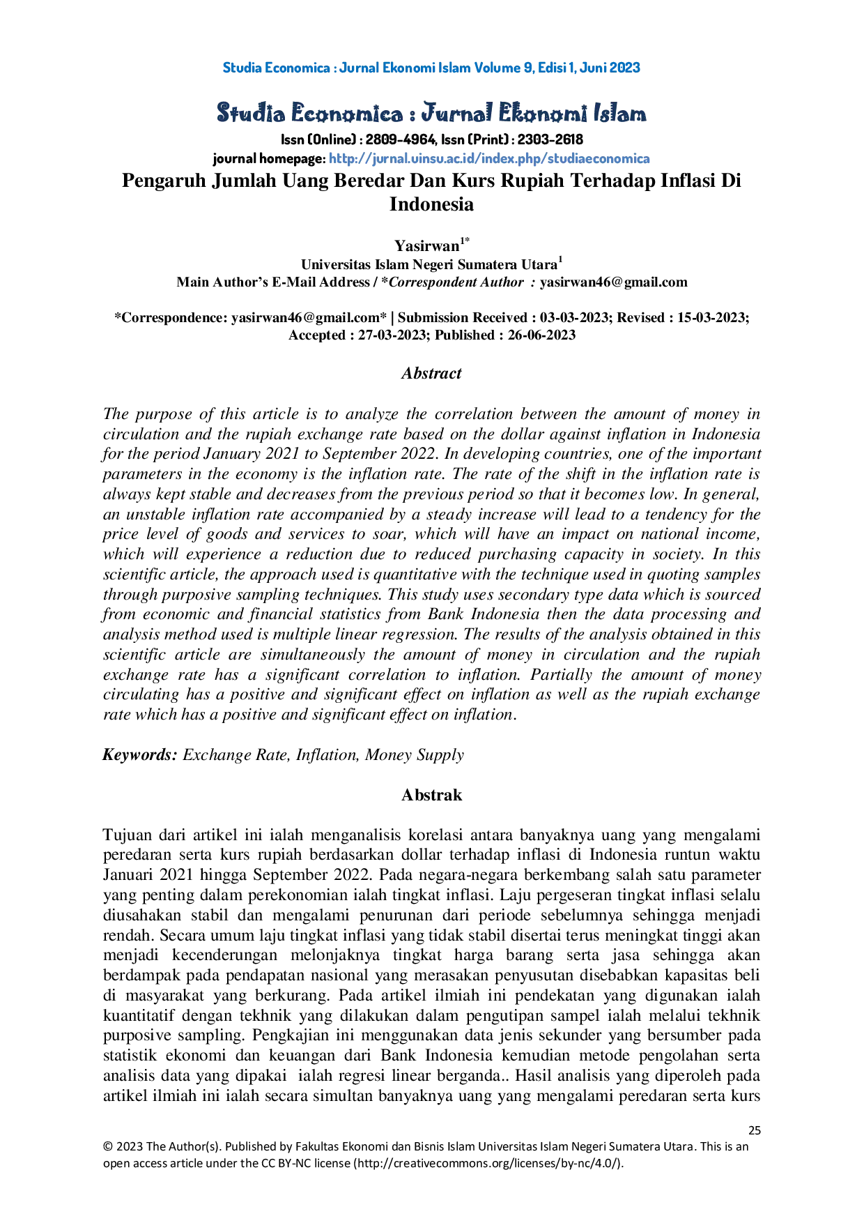 JURIS Pengaruh Jumlah Uang Beredar dan Kurs Rupiah Terhadap Inflasi di Indonesia