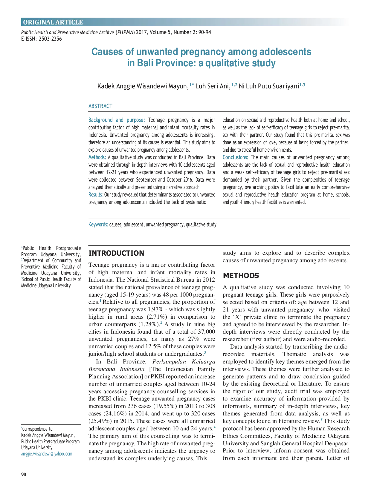 JURIS Causes of unwanted pregnancy among adolescents in Bali Province a qualitative study