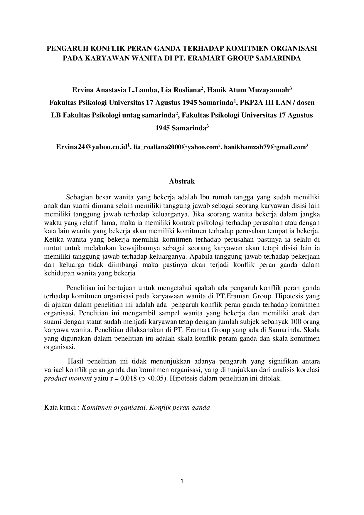 JURIS Pengaruh Konflik Peran Ganda Terhadap Komitmen Organisasi Pada Karyawan Wanita Di PT Eramart Group Samarinda