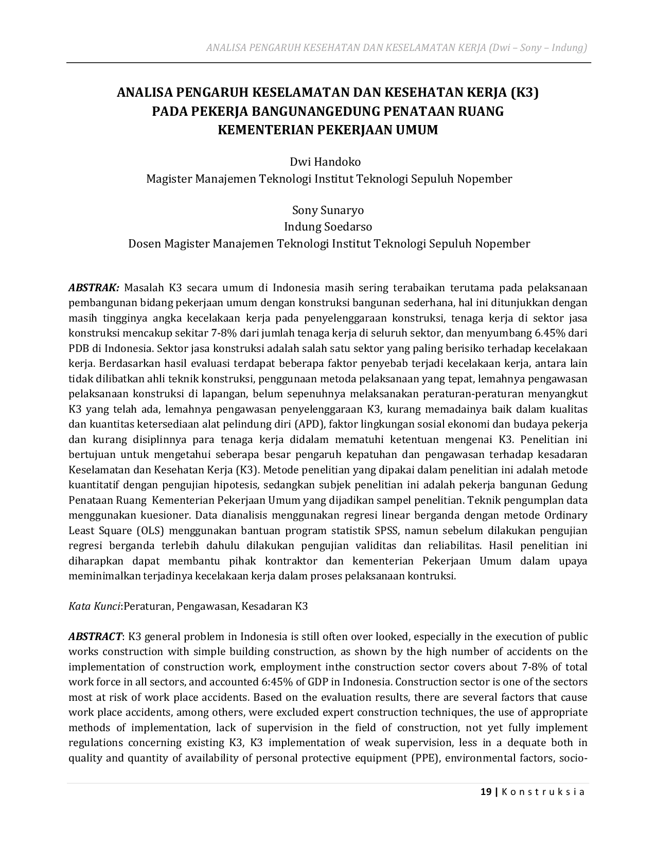 JURIS Analisa Pengaruh Keselamatan Dan Kesehatan Kerja K3 Pada Pekerja Bangunan Gedung Penataan Ruang Kementerian Pekerjaan Umum