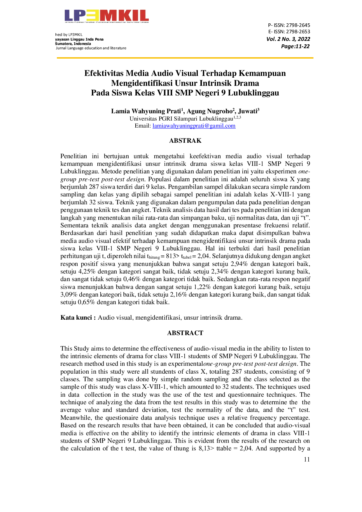 JURIS Efektivitas Media Audio Visual Terhadap Kemampuan Mengidentifikasi Unsur Intrinsik Drama Pada Siswa Kelas VIII SMP Negeri 9 Lubuklinggau